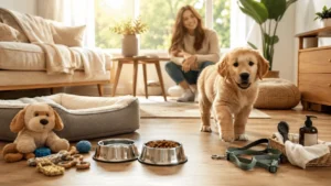 Golden Retriever puppy entering a puppy-proofed home with essential supplies including an orthopedic bed, food bowls, leash, toys, grooming kit, and a smiling first-time owner.
