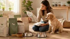 Pet owner comparing ingredient labels on generic puppy food bags while an 8-week-old Golden Retriever puppy sits beside stainless steel food bowls in a bright modern home.
