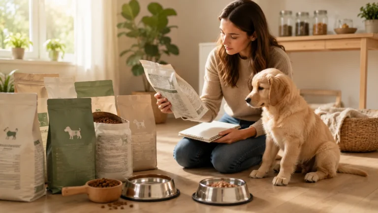 Pet owner comparing ingredient labels on generic puppy food bags while an 8-week-old Golden Retriever puppy sits beside stainless steel food bowls in a bright modern home.