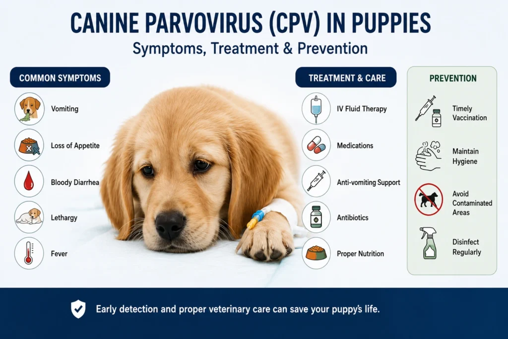 Educational infographic explaining Canine Parvovirus (CPV) in puppies, including common symptoms, treatment options, IV fluid therapy, prevention, and vaccination.