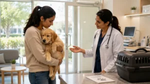 Pet owner carrying a quiet Golden Retriever puppy into a modern veterinary clinic where a veterinarian is ready to examine it, illustrating prompt medical attention for a puppy showing signs of illness.