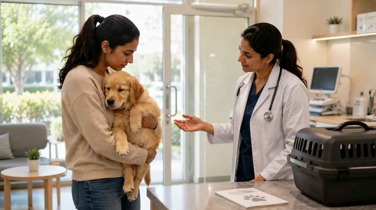 Pet owner carrying a quiet Golden Retriever puppy into a modern veterinary clinic where a veterinarian is ready to examine it, illustrating prompt medical attention for a puppy showing signs of illness.