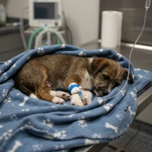 Puppy suffering from Parvo Virus, getting IV drip treatment