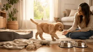 Golden Retriever puppy cautiously approaching a calm new owner in a puppy-ready living room with a bed, food bowls, blanket, and safe chew toys during its first day at home.