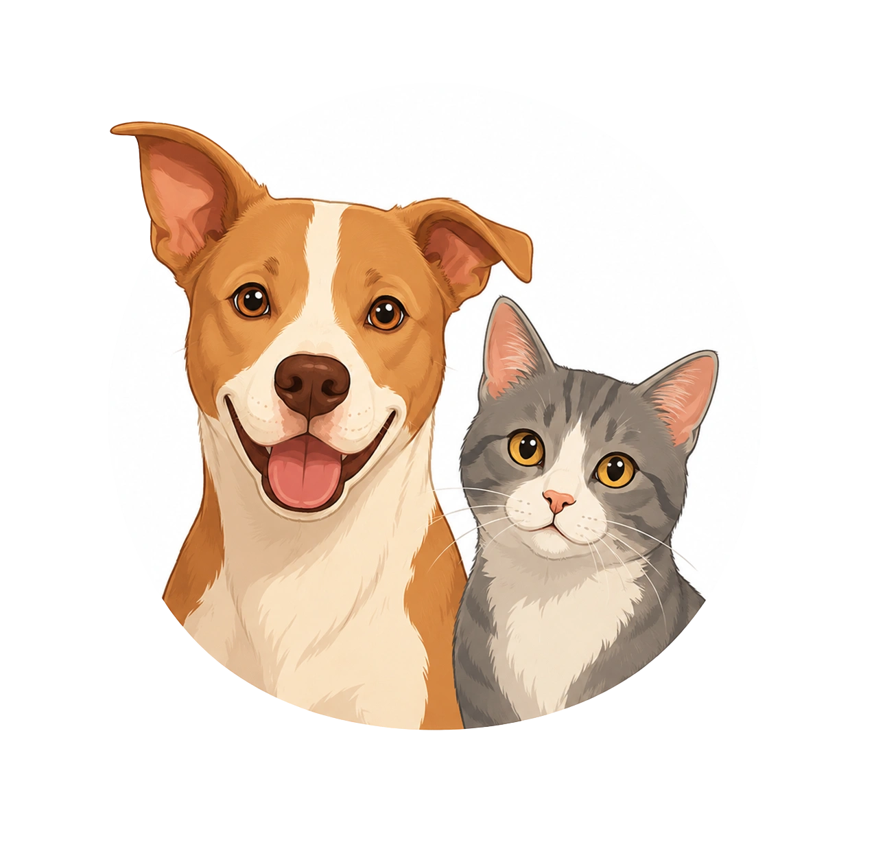 Friendly illustration of a smiling dog and a gray cat together, representing pet care, companionship, and animal wellness.