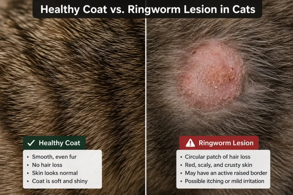 Close-up comparison of a healthy cat coat and a circular ringworm lesion showing hair loss, scaly skin, and the typical appearance of feline ringworm.
