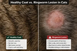 Close-up comparison of a healthy cat coat and a circular ringworm lesion showing hair loss, scaly skin, and the typical appearance of feline ringworm.