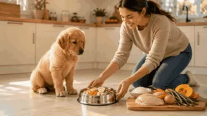 Eight-week-old Golden Retriever puppy waiting calmly beside a homemade meal with boiled chicken, rice, pumpkin, carrots, green beans, and egg while its owner serves food in a modern kitchen.