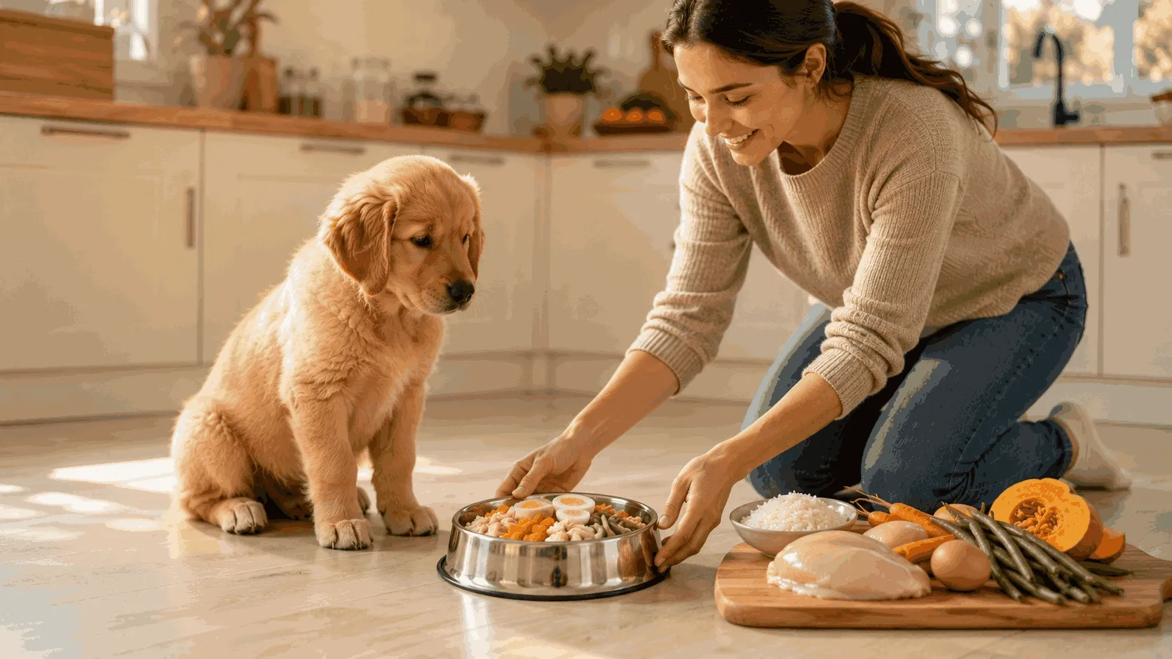 Eight-week-old Golden Retriever puppy waiting calmly beside a homemade meal with boiled chicken, rice, pumpkin, carrots, green beans, and egg while its owner serves food in a modern kitchen.