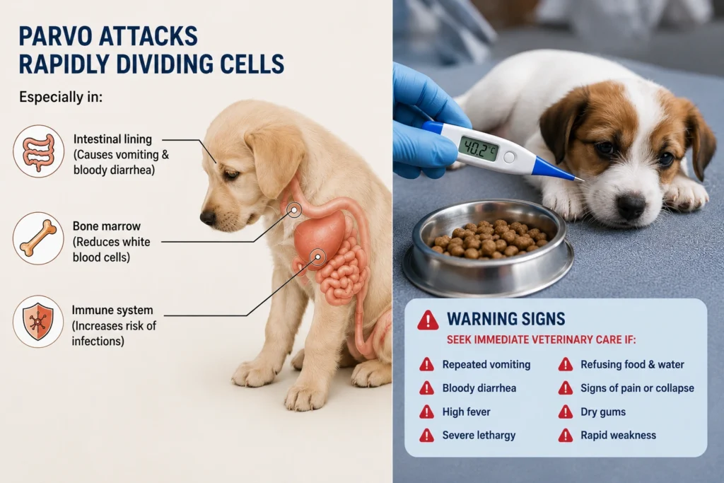 Illustration showing how Canine Parvovirus damages the intestinal lining, bone marrow, and immune system in puppies, along with emergency warning signs requiring veterinary care.