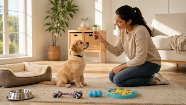 Ten-week-old Golden Retriever puppy sitting attentively during a positive reinforcement training session while its owner rewards calm behavior with a small treat in a bright modern home.