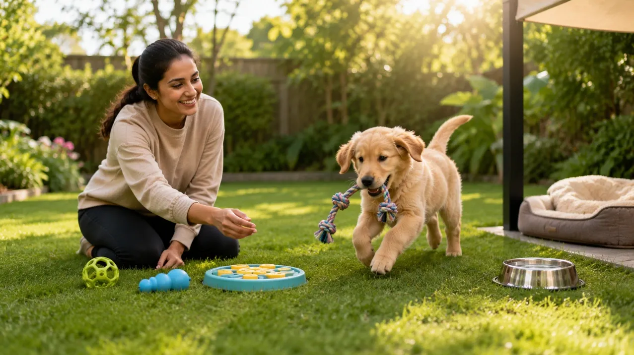 Ten-week-old Golden Retriever puppy playing with a rope toy in a secure backyard while its owner encourages gentle exercise beside enrichment toys, fresh water, and a shaded resting area.