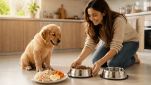 Eight-week-old Golden Retriever puppy sitting beside a feeding station with soaked puppy kibble, fresh water, boiled chicken, egg, pumpkin, carrot, and rice while its owner serves the meal.