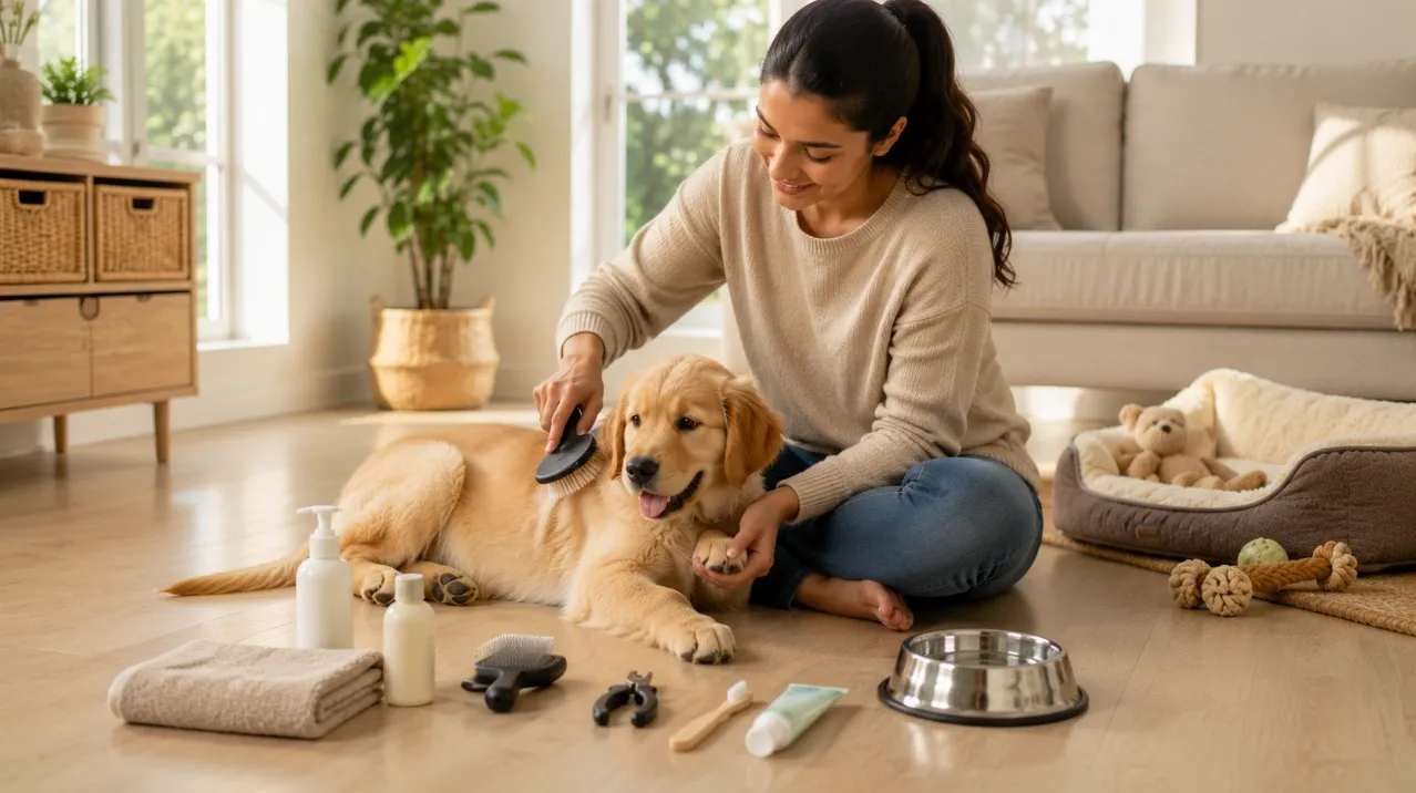 Ten-week-old Golden Retriever puppy relaxing while its owner gently brushes its coat during a home grooming session with puppy grooming supplies arranged nearby.