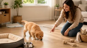 Eight-week-old Golden Retriever puppy sniffing near a puppy training pad while its owner calmly points toward the designated potty area in a bright modern home.