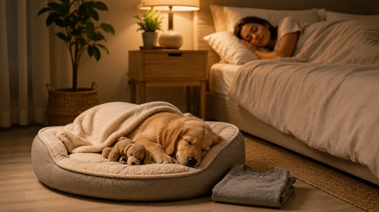 Eight-week-old Golden Retriever puppy sleeping peacefully in an orthopedic puppy bed beside its owner's bed with a soft blanket, plush toy, and folded T-shirt nearby.