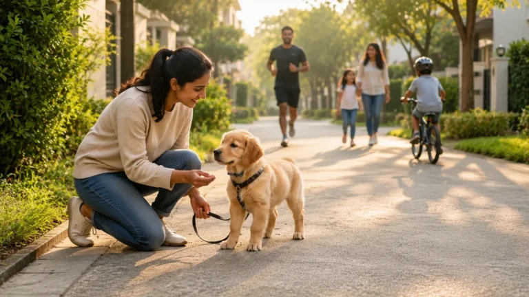 Ten-week-old Golden Retriever puppy calmly walking on a leash with its owner while observing people at a comfortable distance during an outdoor socialization session.