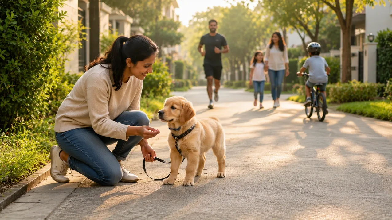 Ten-week-old Golden Retriever puppy calmly walking on a leash with its owner while observing people at a comfortable distance during an outdoor socialization session.
