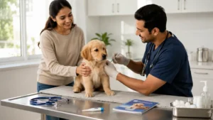 Eight-week-old Golden Retriever puppy receiving a routine veterinary health check while a veterinarian prepares a vaccination and the owner provides gentle reassurance in a modern clinic.