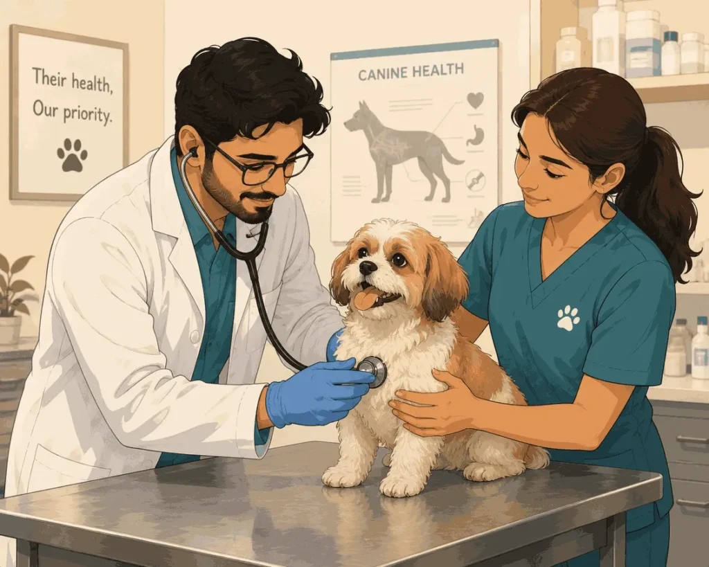 Veterinarian examining a small dog on an examination table while a veterinary assistant gently holds and comforts the dog during a health check.