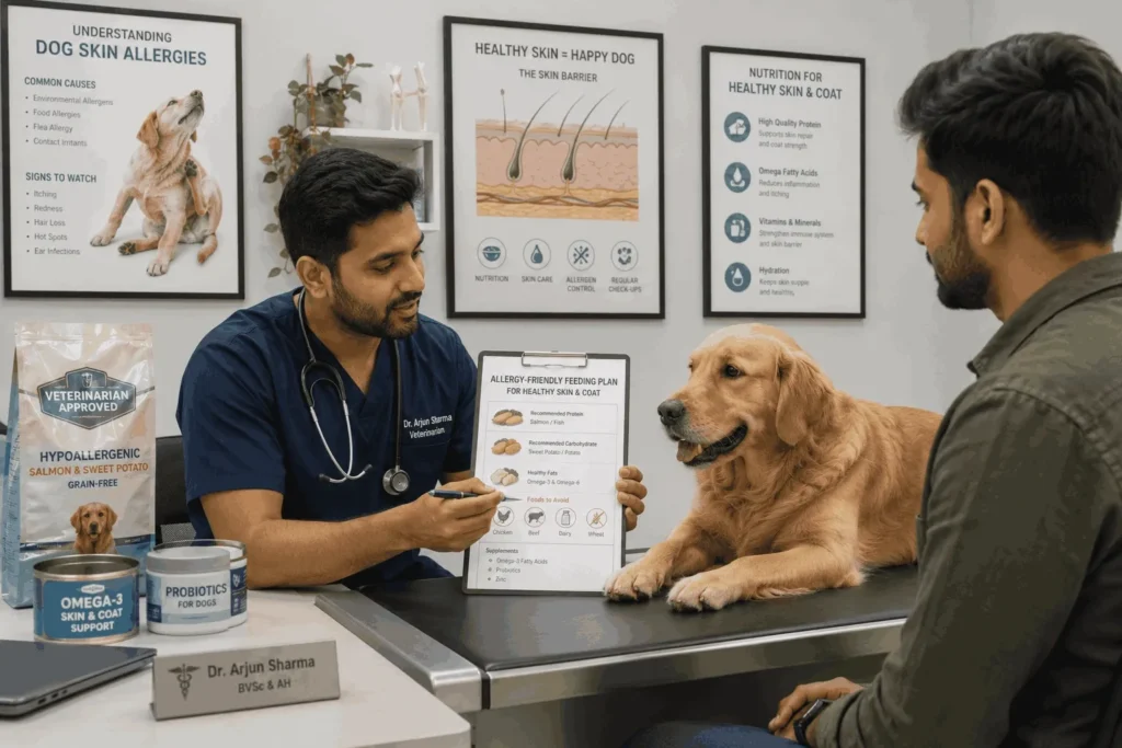 Veterinarian explaining an allergy-friendly feeding plan to a Golden Retriever owner during a skin allergy consultation while the dog sits on an examination table.