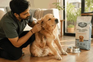 Golden Retriever scratching due to a suspected food allergy while its owner checks the irritated skin at home.