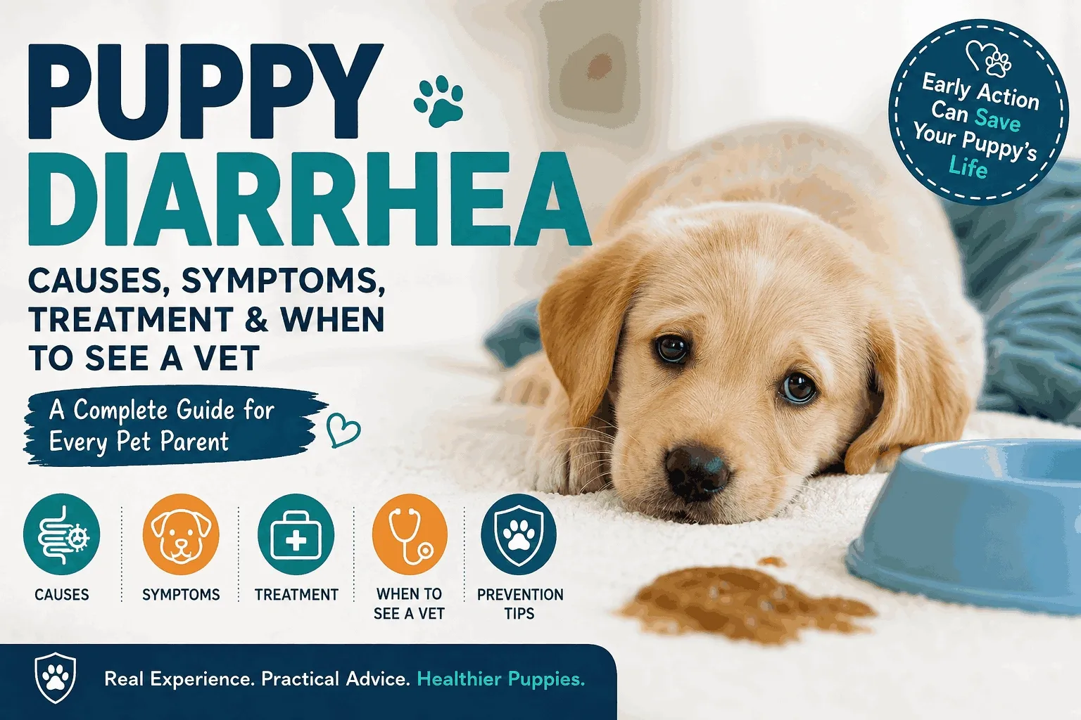 A young Labrador puppy lying beside a food bowl after developing diarrhea, illustrating the warning signs, causes, symptoms, treatment, and when to seek veterinary care for puppy diarrhea.